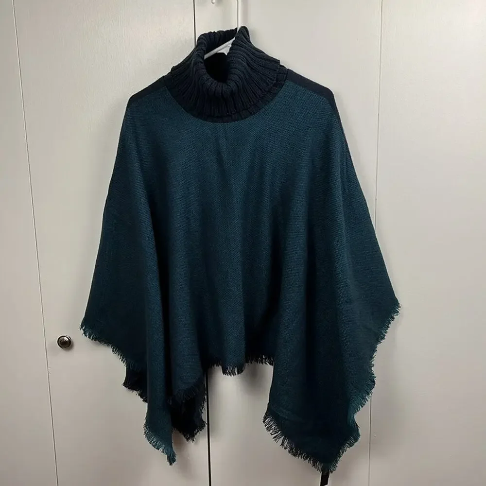 Tahari Poncho Ribbed Turtleneck Blue Fringed